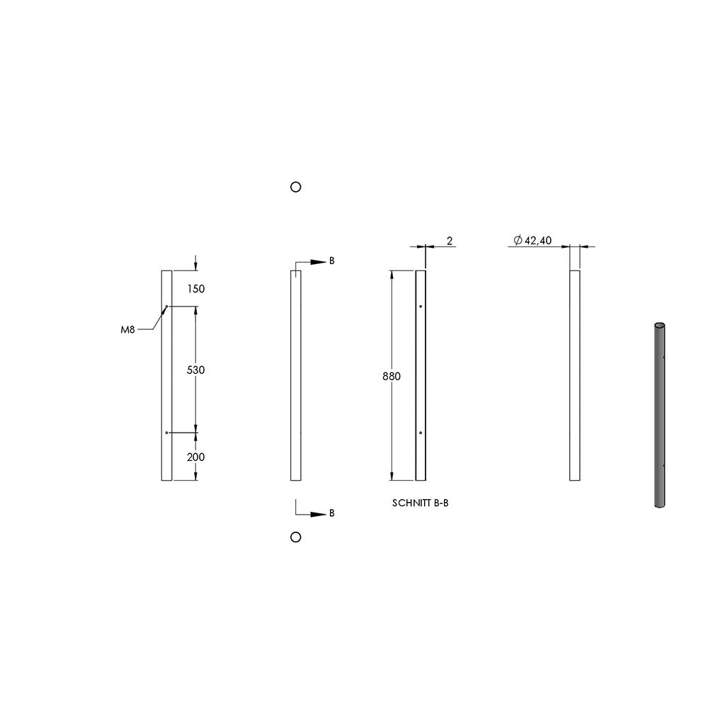 Edelstahlpfosten "Endpfosten" zur Bodenmontage 42,4mm, L= 880mm mit 2x Gewinde für Glasklemme nach Wahl