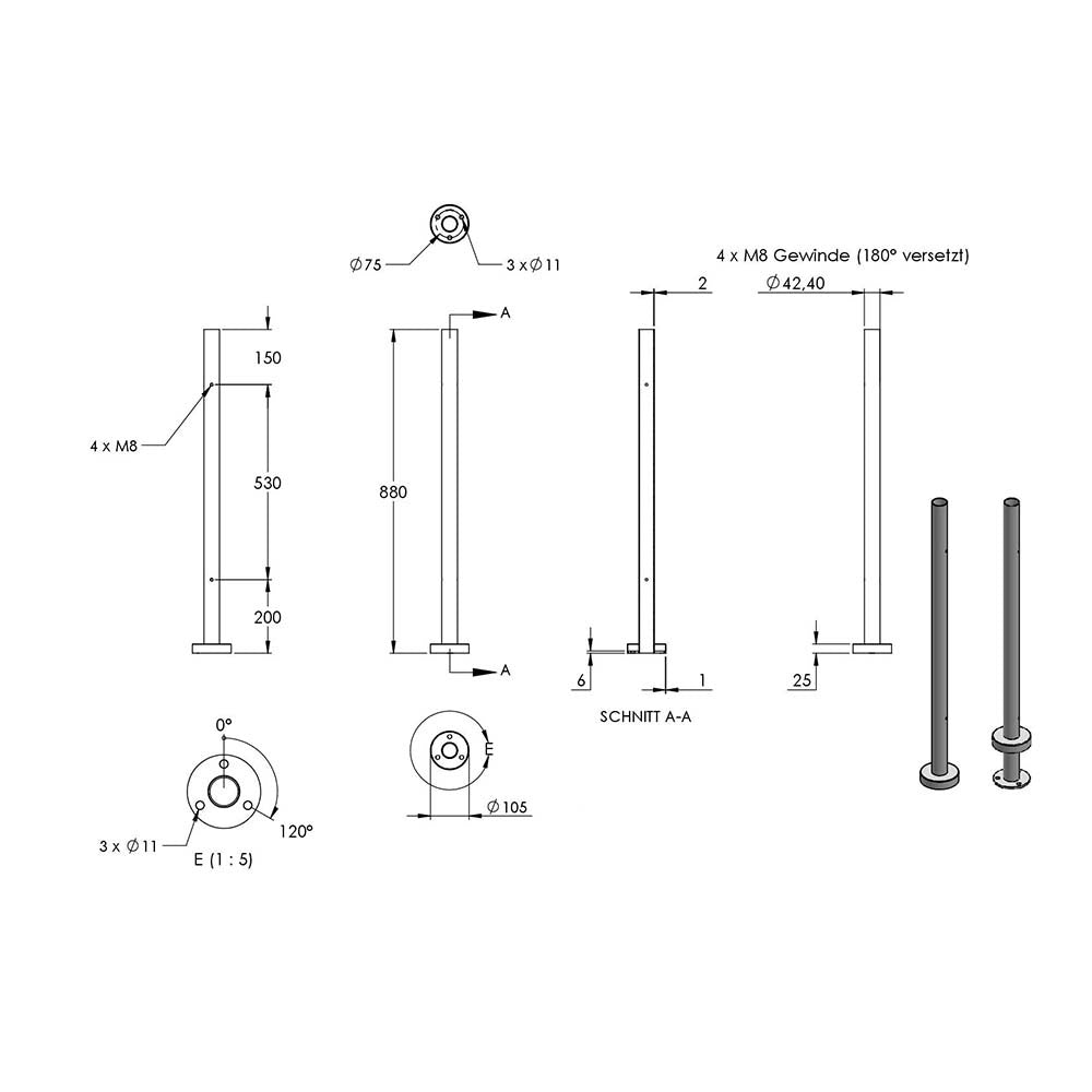 Edelstahlpfosten "Mittelpfosten" zur Bodenmontage 42,4mm, L= 880mm mit 4x Gewinde für Glasklemme nach Wahl