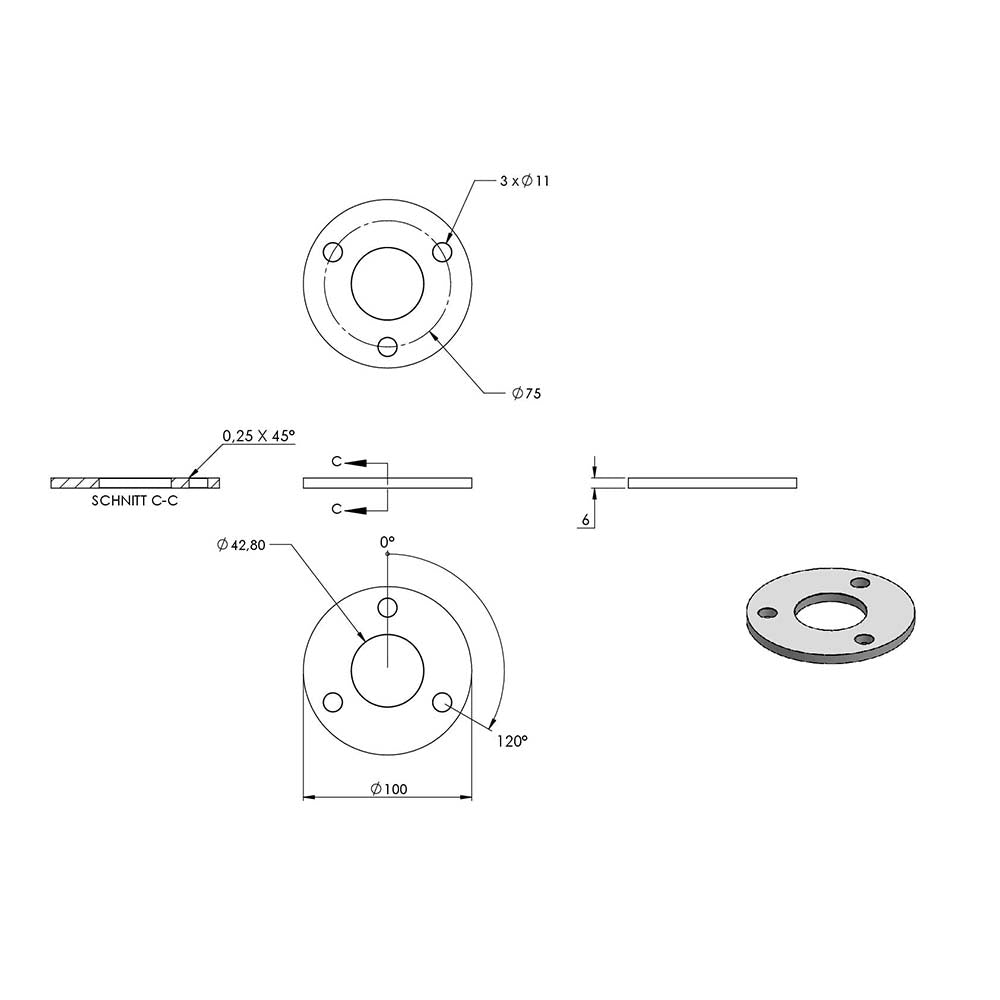 Edelstahlpfosten "Mittelpfosten" zur Bodenmontage 42,4mm, L= 880mm mit 4x Gewinde für Glasklemme nach Wahl