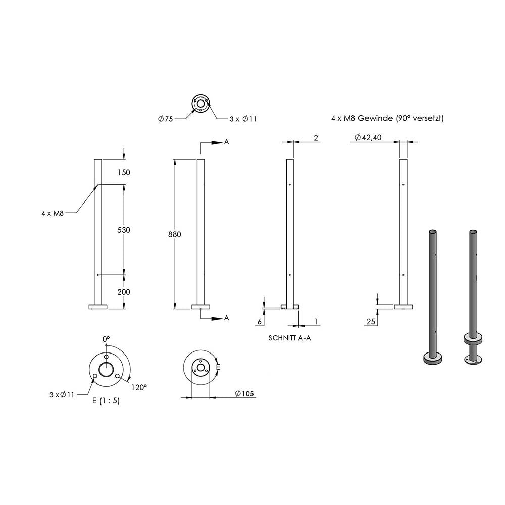 Edelstahlpfosten "Eckpfosten" zur Bodenmontage 42,4mm, L= 880mm mit 4x Gewinde für Glasklemme nach Wahl