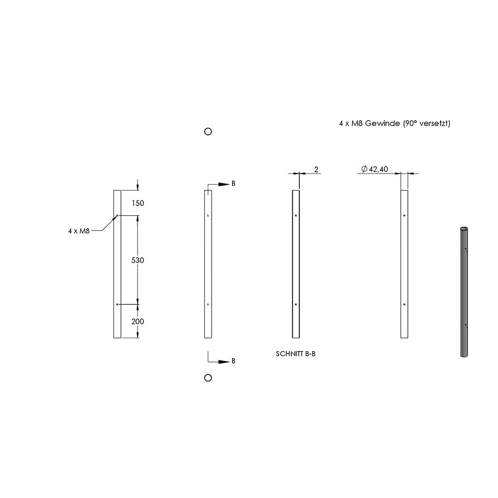 Edelstahlpfosten "Eckpfosten" zur Bodenmontage 42,4mm, L= 880mm mit 4x Gewinde für Glasklemme nach Wahl