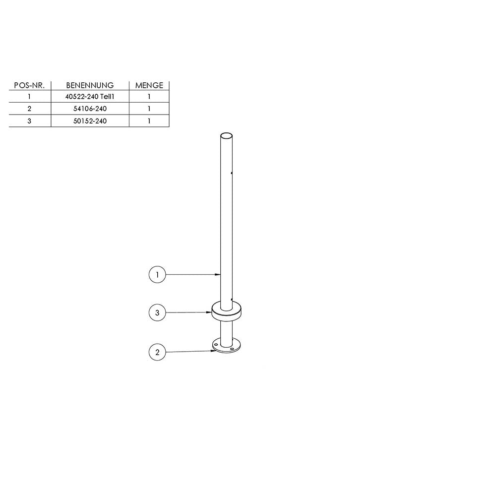 Edelstahlpfosten "Eckpfosten" zur Bodenmontage 42,4mm, L= 880mm mit 4x Gewinde für Glasklemme nach Wahl