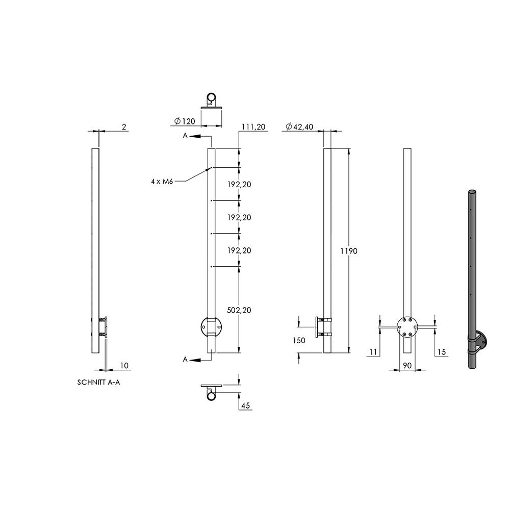 Edelstahlpfosten zur Wandmontage 42,4mm, L= 1190mm mit 4x Gewinde für Stabhalter