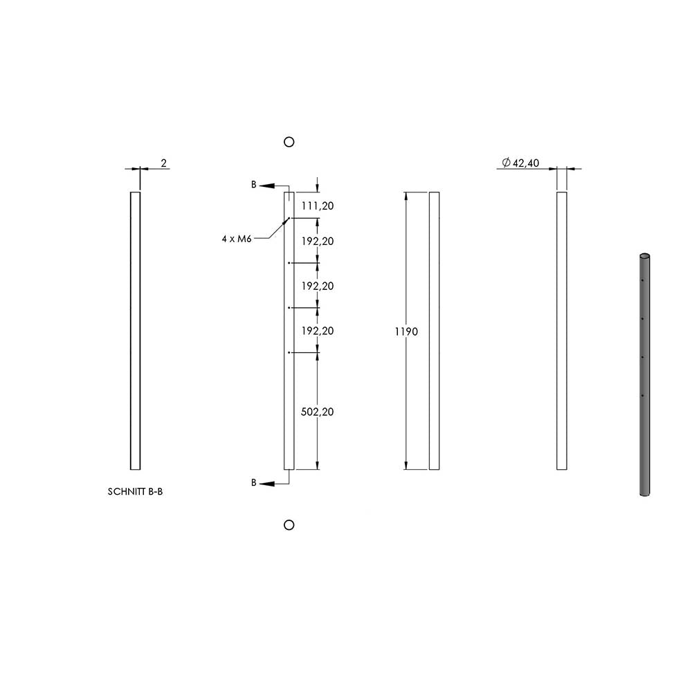 Edelstahlpfosten zur Wandmontage 42,4mm, L= 1190mm mit 4x Gewinde für Stabhalter