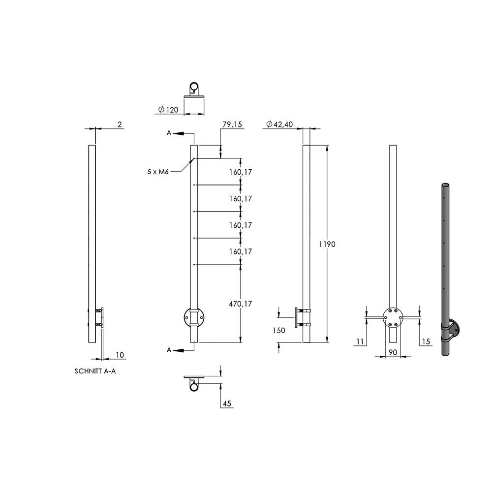 Edelstahlpfosten zur Wandmontage 42,4mm, L= 1190mm mit 5x Gewinde für Stabhalter