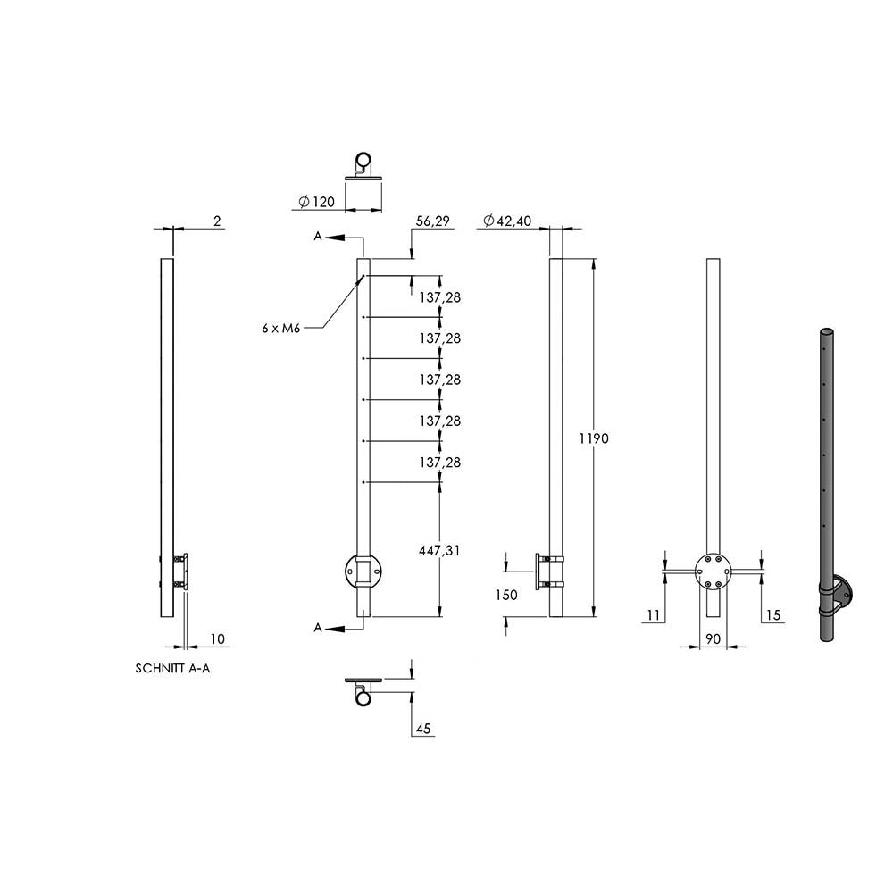 Edelstahlpfosten zur Wandmontage 42,4mm, L= 1190mm mit 6x Gewinde für Stabhalter