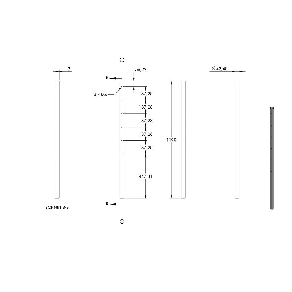 Edelstahlpfosten zur Wandmontage 42,4mm, L= 1190mm mit 6x Gewinde für Stabhalter