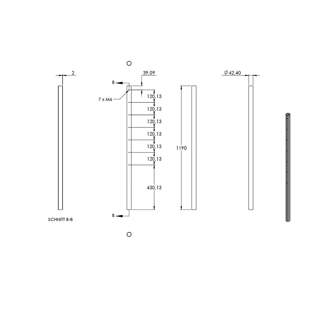 Edelstahlpfosten zur Wandmontage 42,4mm, L= 1190mm mit 7x Gewinde für Stabhalter