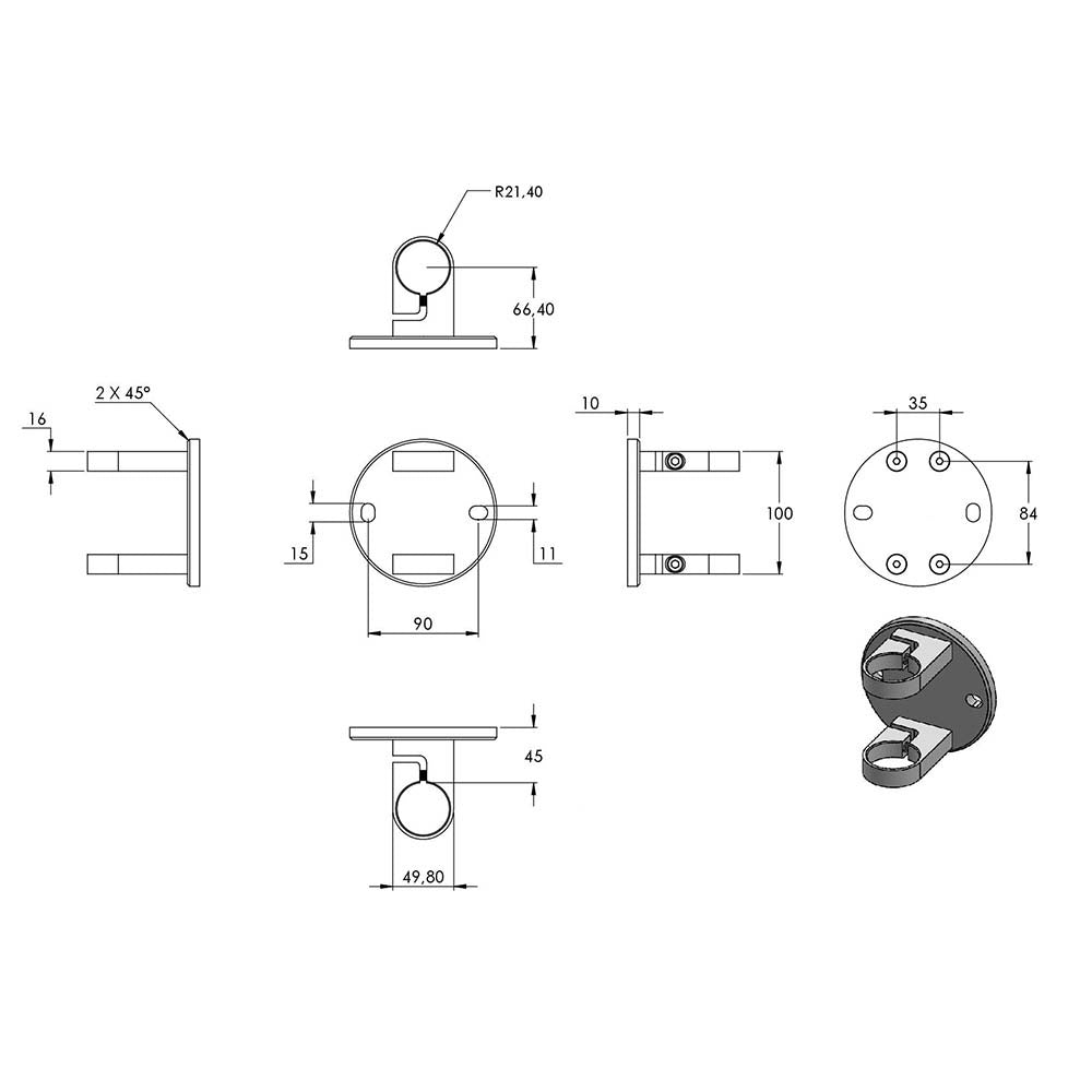 Edelstahlpfosten zur Wandmontage 42,4mm, L= 1190mm mit 7x Gewinde für Stabhalter