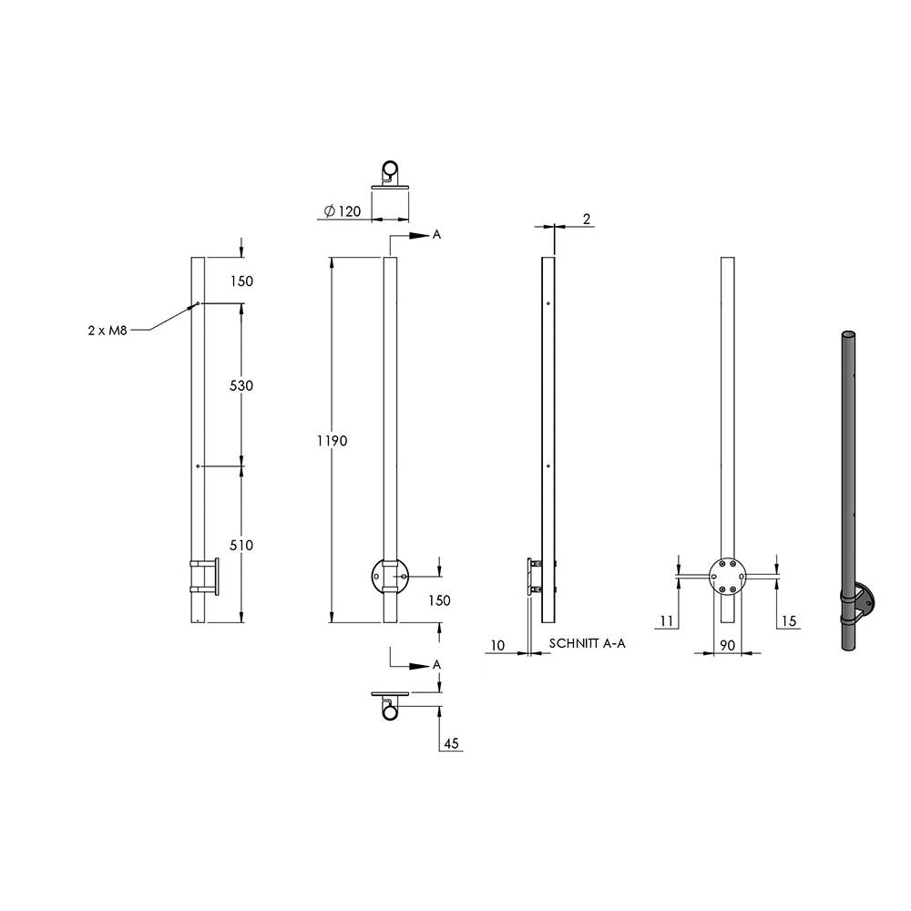 Edelstahlpfosten "Endpfosten" zur Wandmontage 42,4mm, L= 1190mm mit 2x Gewinde für Glasklemme nach Wahl