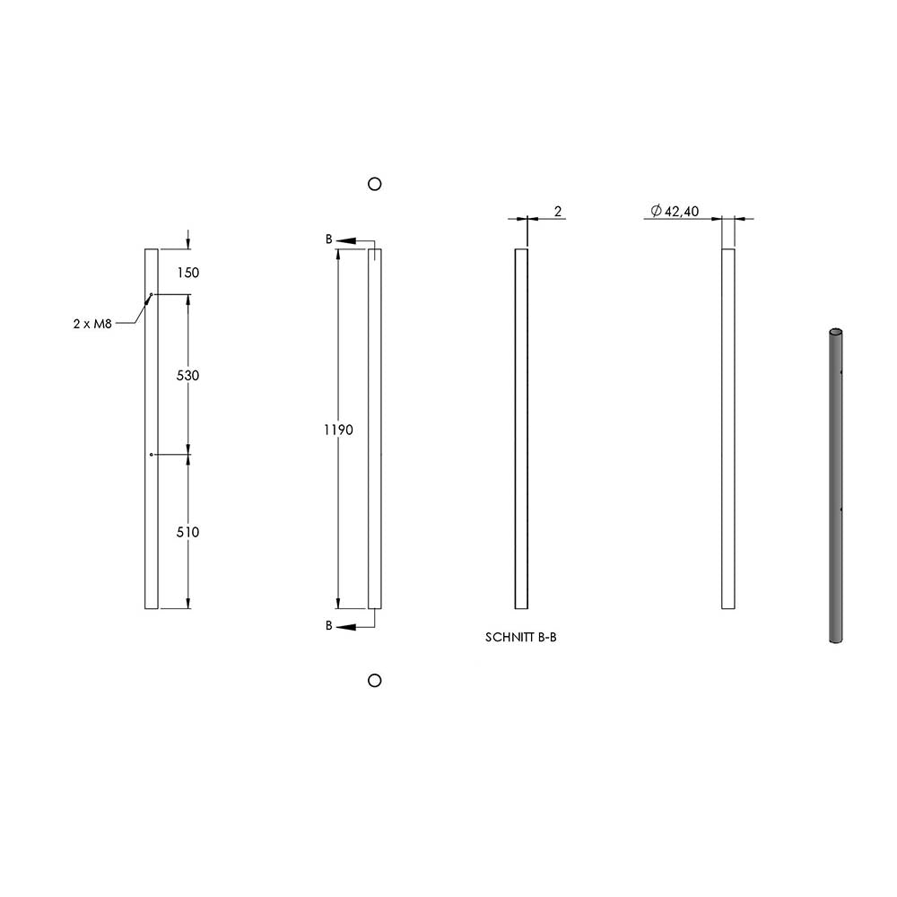 Edelstahlpfosten "Endpfosten" zur Wandmontage 42,4mm, L= 1190mm mit 2x Gewinde für Glasklemme nach Wahl