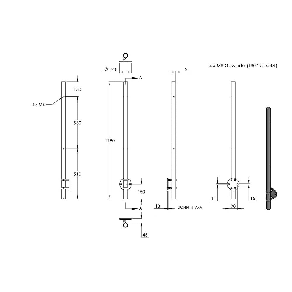 Edelstahlpfosten "Mittelpfosten" zur Wandmontage 42,4mm, L= 1190mm mit 4x Gewinde für Glasklemme nach Wahl