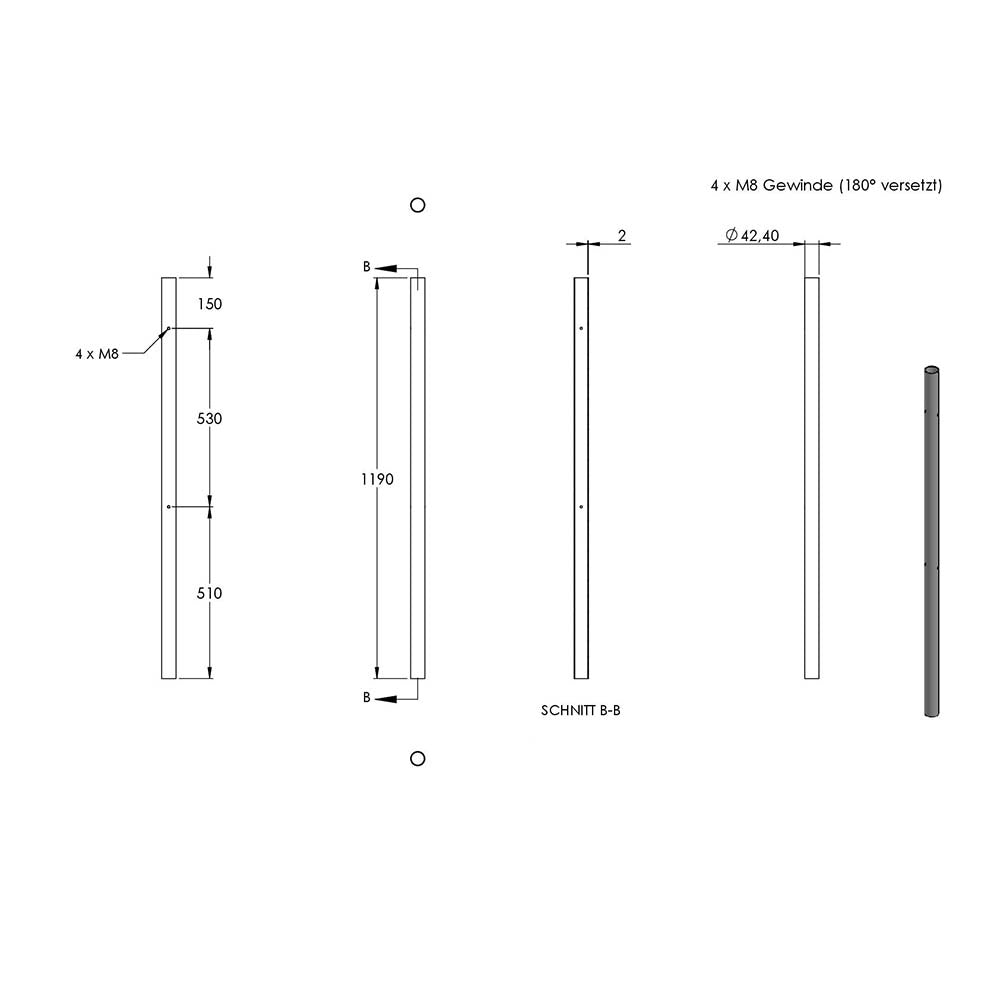 Edelstahlpfosten "Mittelpfosten" zur Wandmontage 42,4mm, L= 1190mm mit 4x Gewinde für Glasklemme nach Wahl