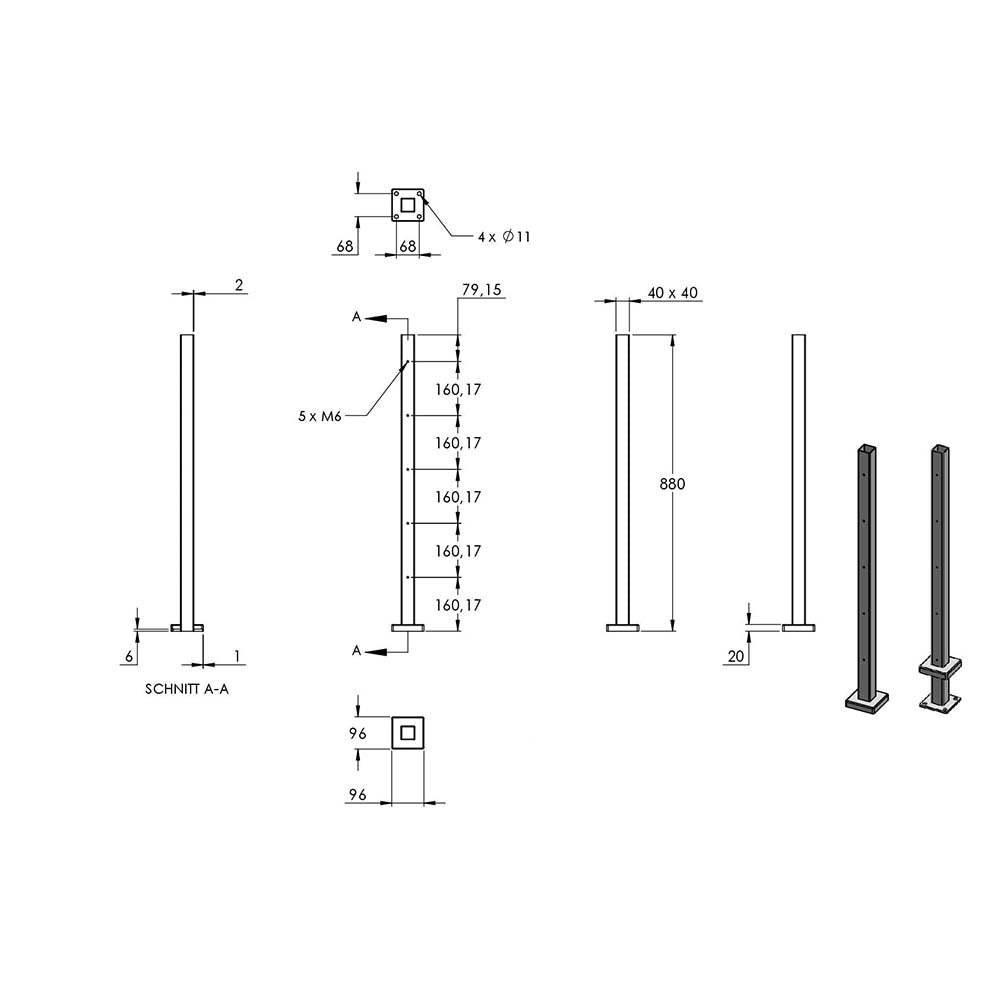 Vierkantpfosten zur Bodenmontage 40 x 40mm, L= 880mm mit 5x Gewinde für Stabhalter