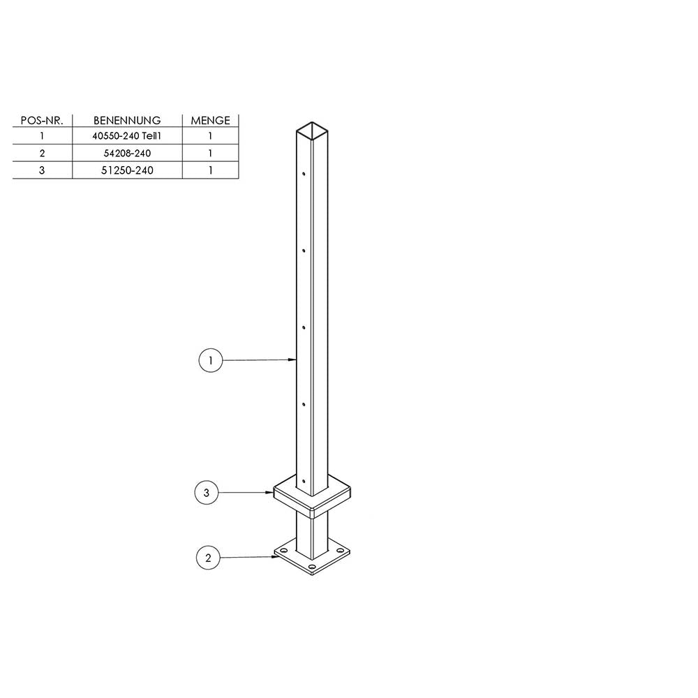 Vierkantpfosten zur Bodenmontage 40 x 40mm, L= 880mm mit 5x Gewinde für Stabhalter