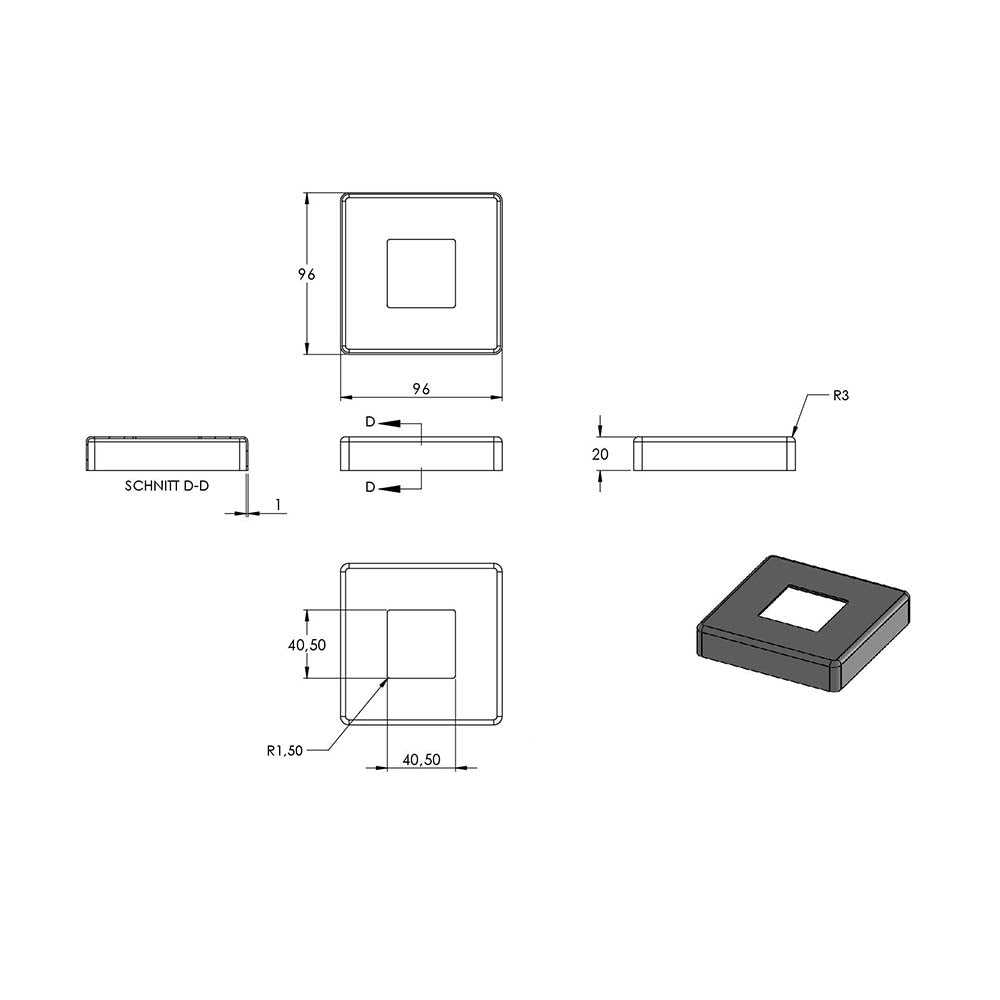 Vierkantpfosten "Endpfosten" zur Bodenmontage 40 x 40mm, L= 880mm mit 2x Gewinde für Glasklemme nach Wahl