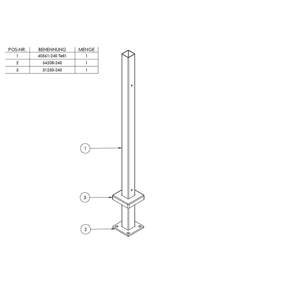Vierkantpfosten "Mittelpfosten" zur Bodenmontage 40 x 40mm, L= 880mm mit 4x Gewinde für Glasklemme nach Wahl