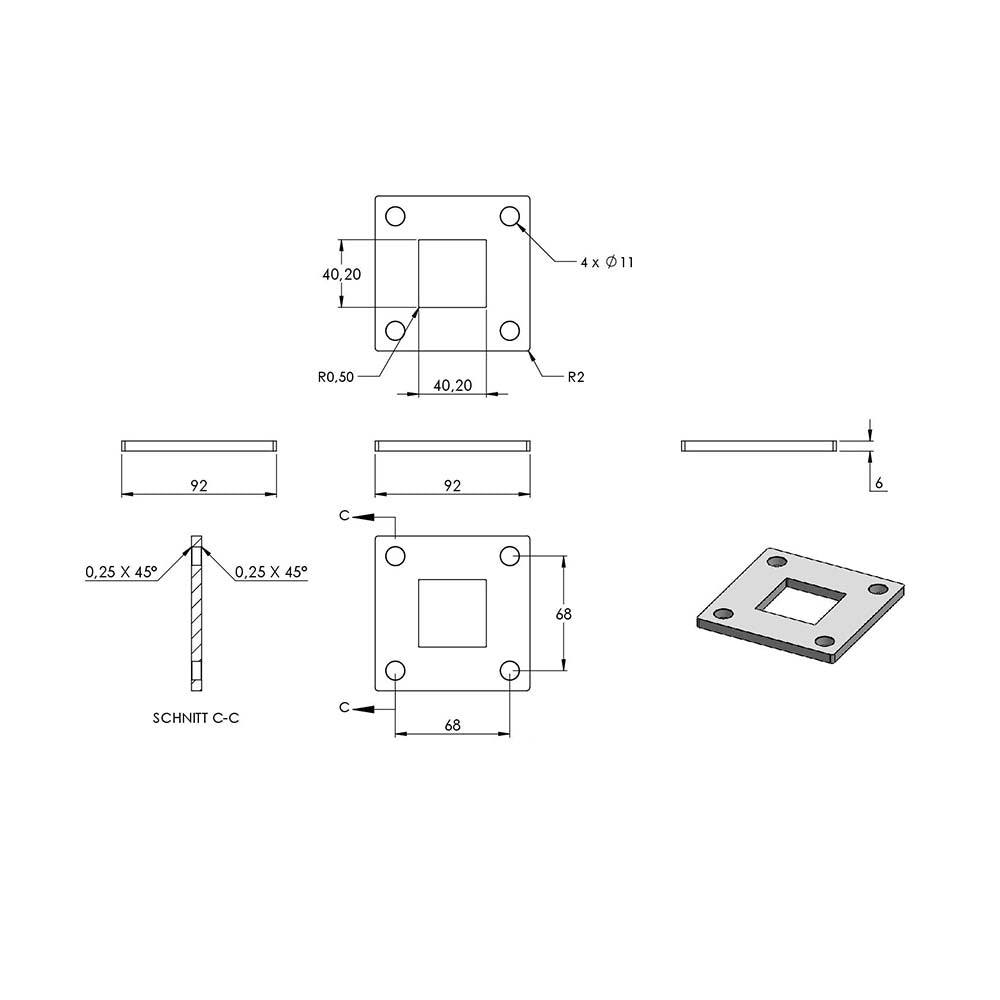 Vierkantpfosten "Eckpfosten" zur Bodenmontage 40 x 40mm, L= 880mm mit 4x Gewinde für Glasklemme nach Wahl