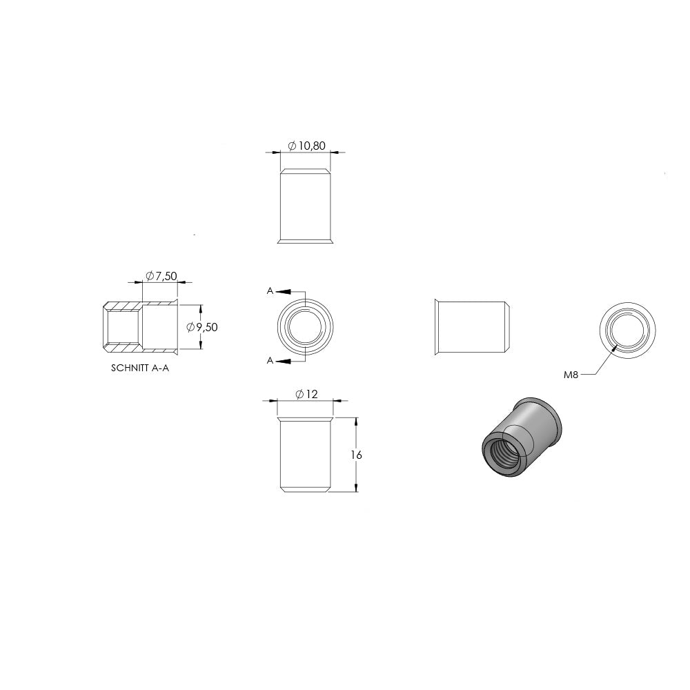 Blind-Einnietmutter, V2A, M8, 10er Pack