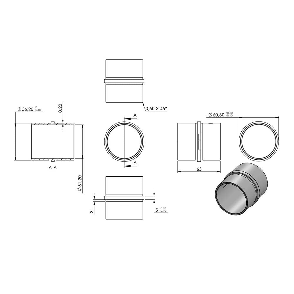 Verbinder zum Stecken und Kleben, für Rohr 60,3 x 2,0mm