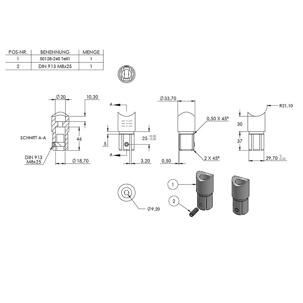 Anschlussstück 90° mit Klemmschraube, für Rohr 33,7 x 2,0mm an Rohr 42,4mm
