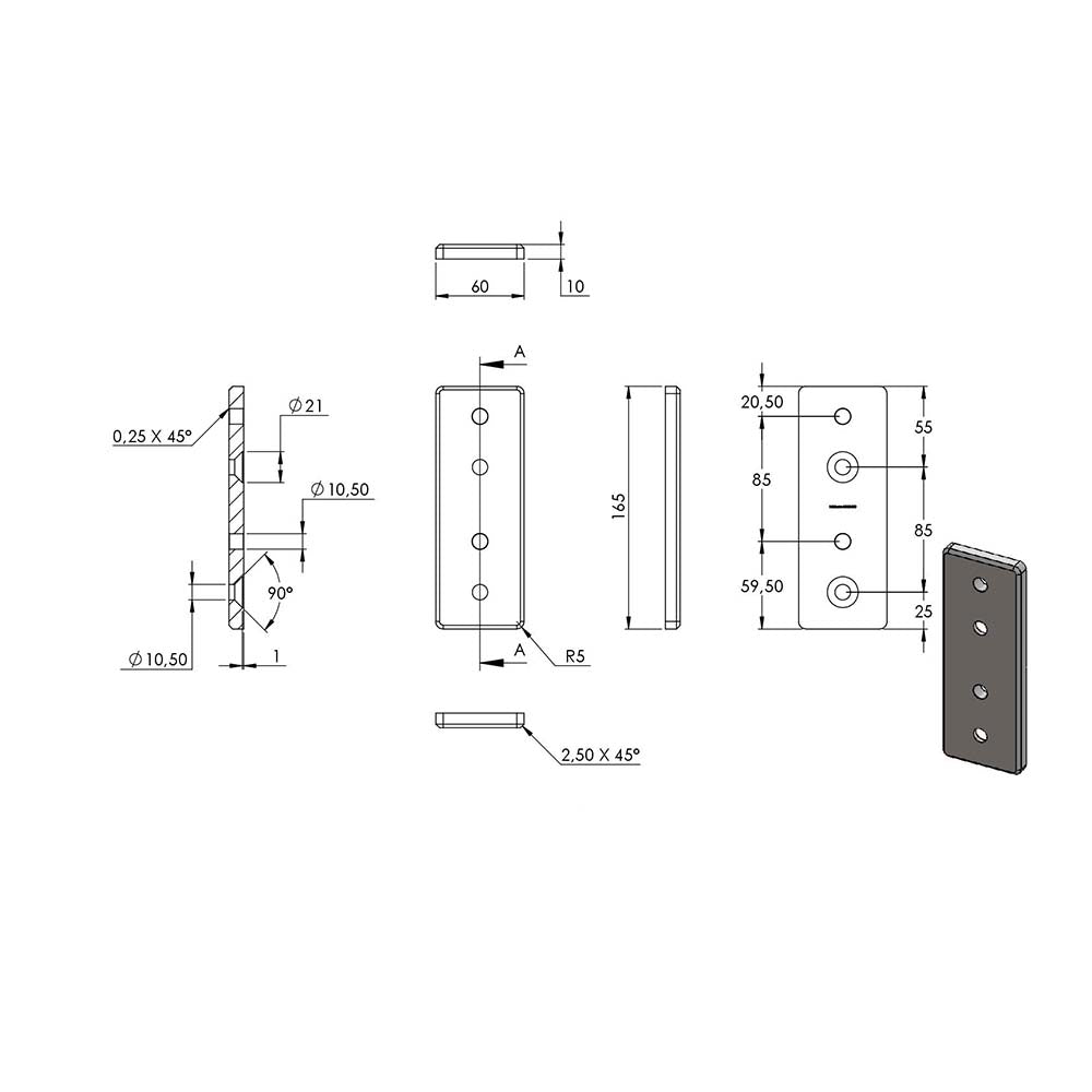 Wandhalter für Geländerpfosten, Platte 165 x 60 x 10mm, für Rohr ø 42,4mm