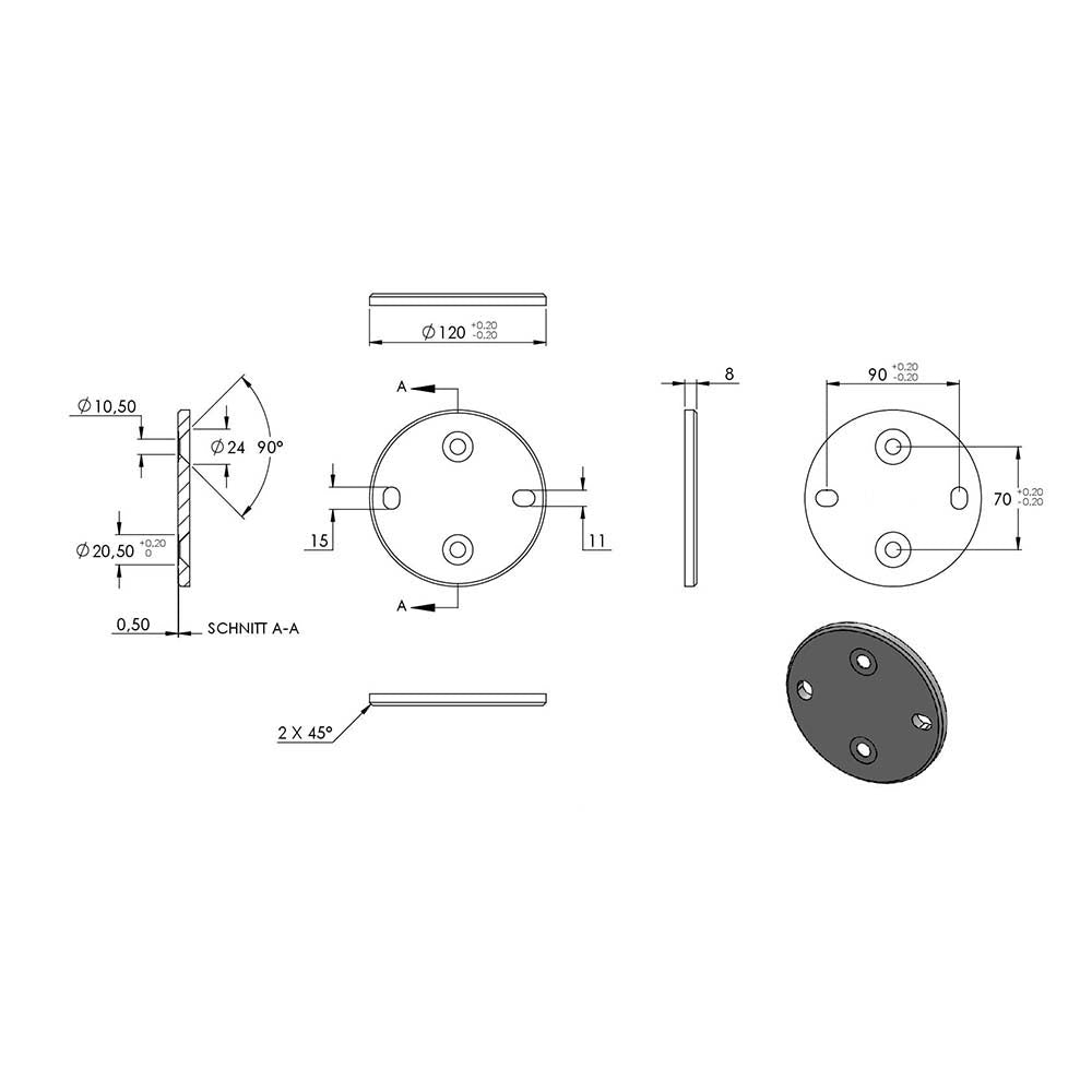 Wandanker mit M10 x 70 Schrauben für Geländerpfosten, Platte 120 x 8mm, für 42,4mm Rohr