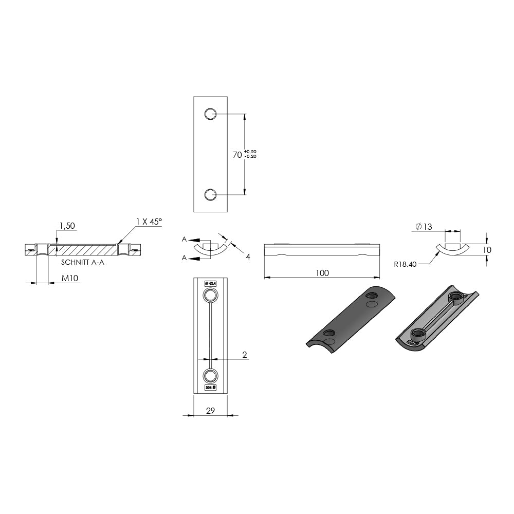 Verstärkungsplatte für Geländerpfosten/Wandbefestigungen, mit zwei M10 Bohrungen (Abstand 70mm)