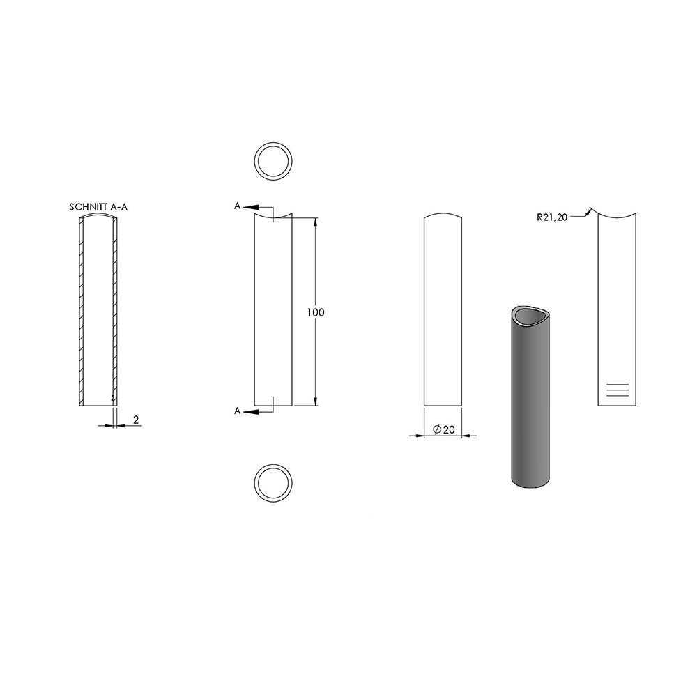 Distanzhülse ø 20 x 2mm, Länge 100mm, einseitig ausgefräst für Rohr ø 42,4mm