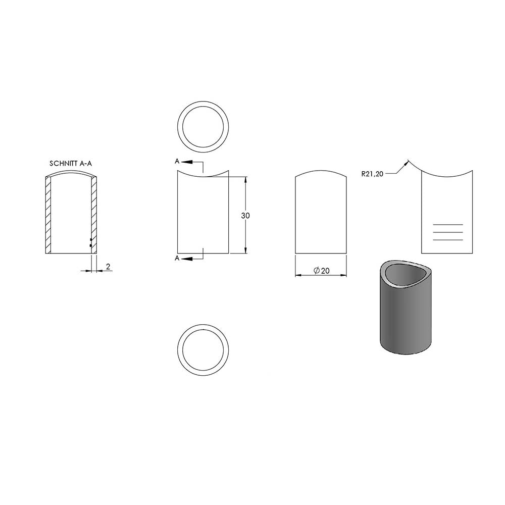 Distanzhülse ø 20 x 2mm, Länge 30mm, einseitig ausgefräst für Rohr ø 42,4mm