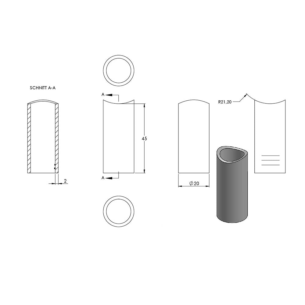 Distanzhülse ø 20 x 2mm, Länge 45mm, einseitig ausgefräst für Rohr ø 42,4mm