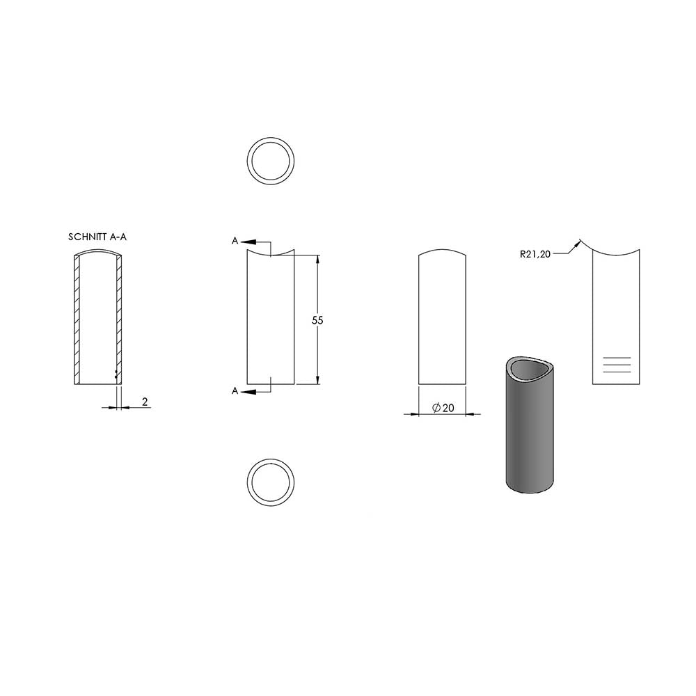 Distanzhülse ø 20 x 2mm, Länge 55mm, einseitig ausgefräst für Rohr ø 42,4mm