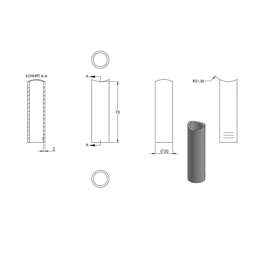 Distanzhülse ø 20 x 2mm, Länge 70mm, einseitig ausgefräst für Rohr ø 42,4mm