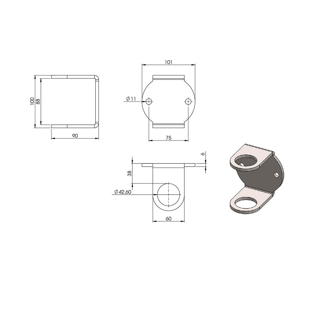Wandanker zum Anschweißen für Geländerpfosten, Platte 101 x 100 x 6mm, für 42,4mm Rohr