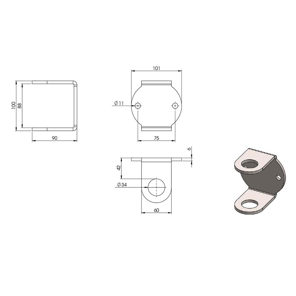 Wandanker zum Anschweißen für Geländerpfosten, Platte 101 x 60 x 6mm, für 33,7mm Rohr