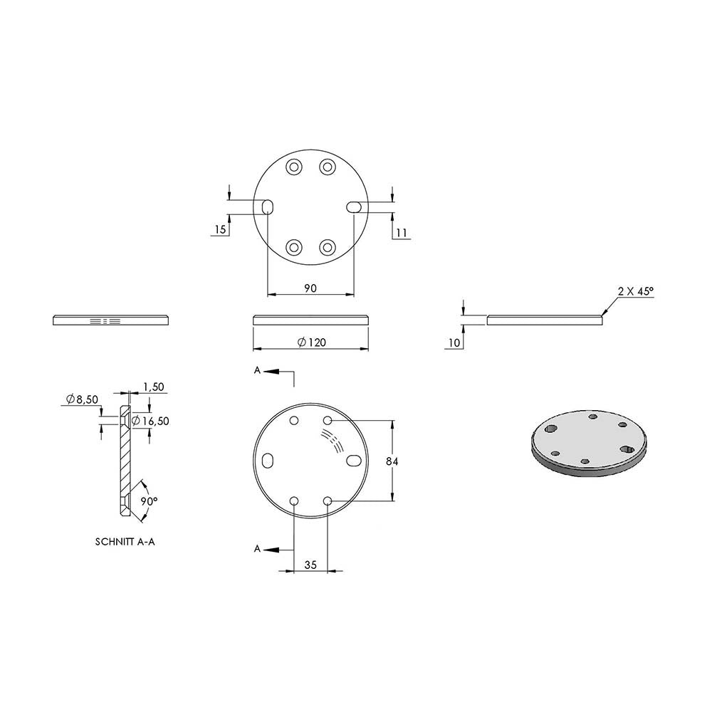 Ronde ø 120mm, Stärke 10mm, mit zwei 20 x 11mm Langlöchern und vier ø 8,5mm Bohrungen, für Spannringe