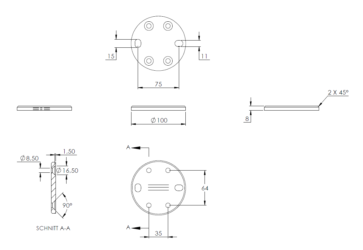 Ronde ø 100mm, Stärke 8mm, mit zwei 15 x 11mm Langlöchern und vier ø 8,5mm Bohrungen, für Spannringe