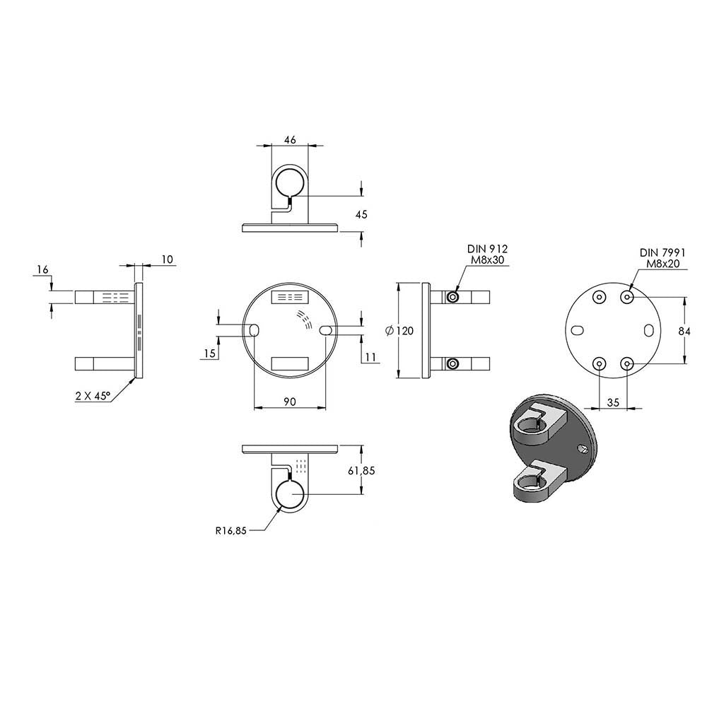 Wandanker zum Spannen, mit Platte 120 x 10mm, für 33,7mm Rohr
