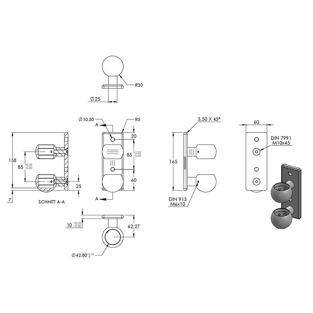 Wandhalter mit Kugelringen für Geländerpfosten, Platte 165 x 60 x 10mm, für Rohr ø 42,4mm