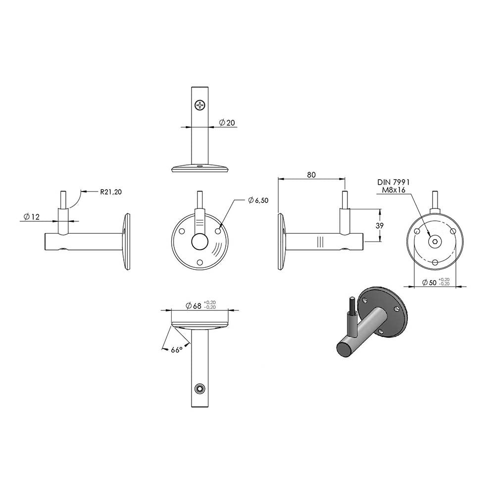 Handlaufhalter zur Wandbefestigung mit verschraubter Ronde 68 x 5mm, mit M6 Senkkopfschraube und 3 x 6,5mm Bohrungen