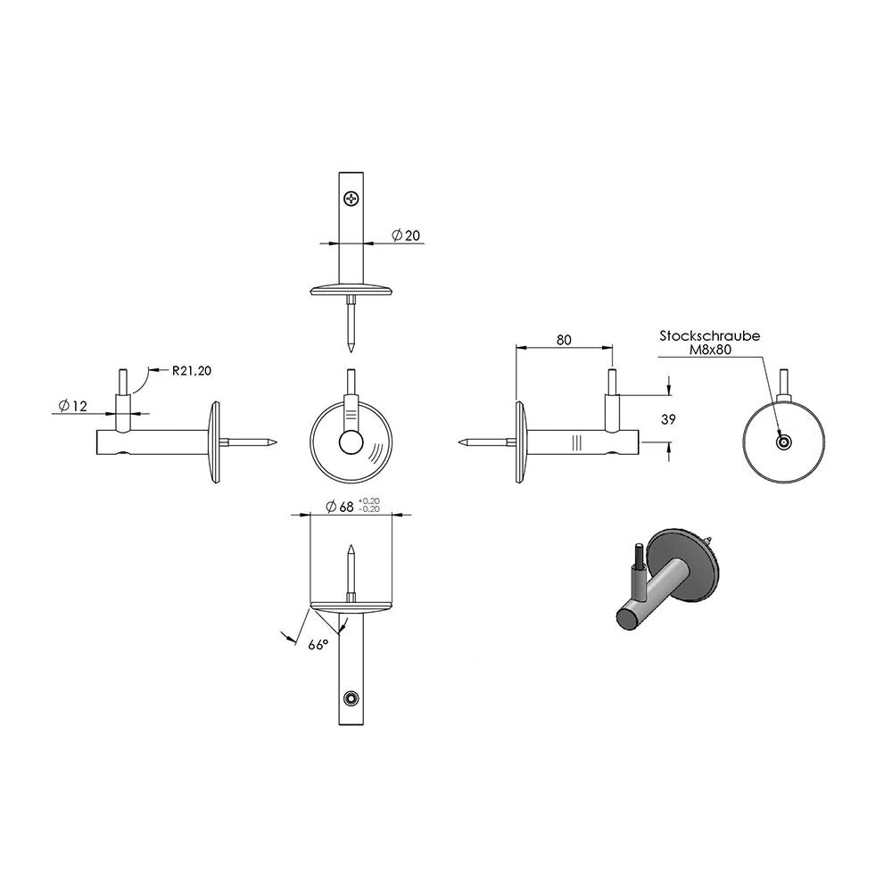 Handlaufhalter zur Wandbefestigung mit verschraubter Ronde 68 x 5mm, mit M6 Senkkopfschraube, inkl. M8x80mm Stockschraube
