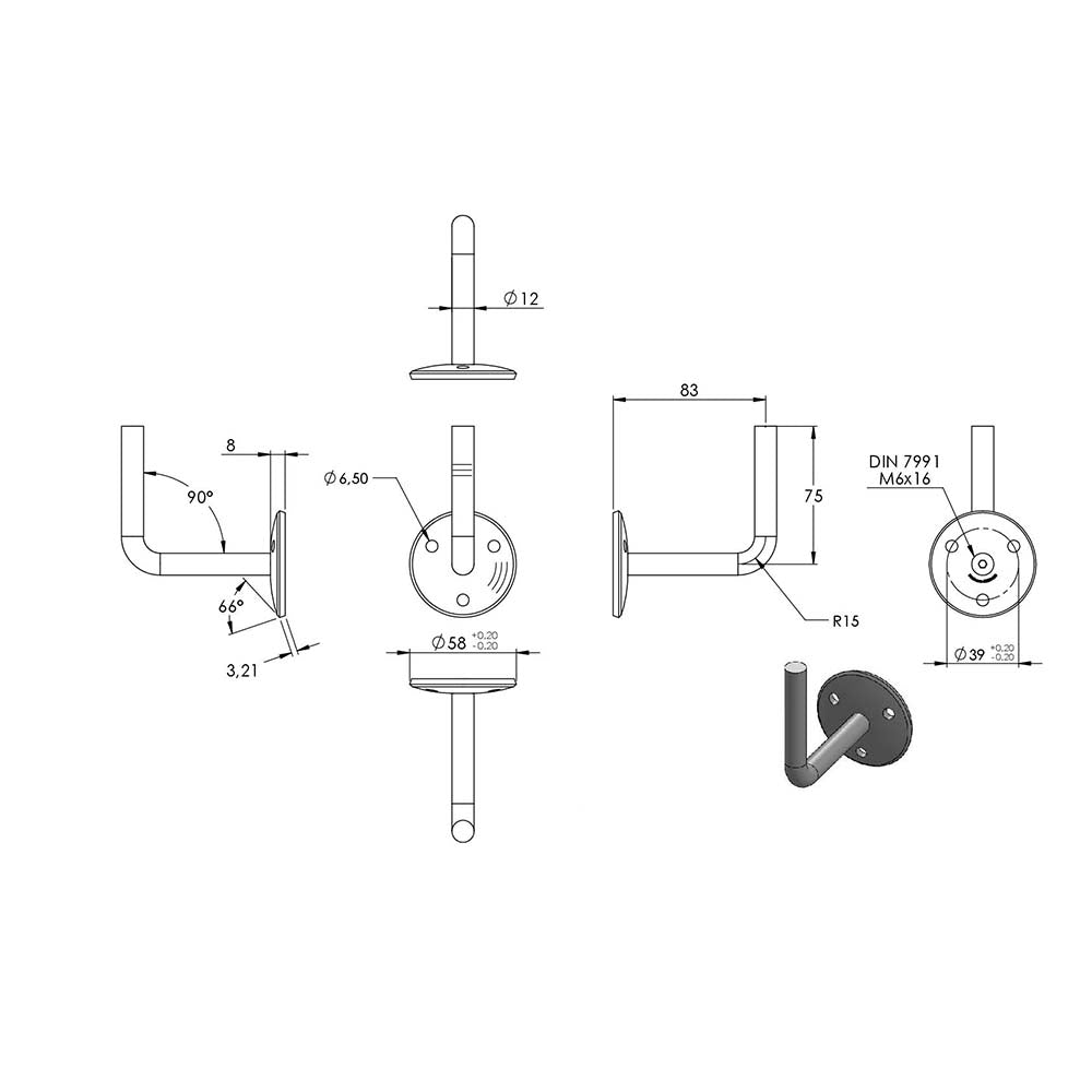 Handlaufhalter zur Wandbefestigung mit verschraubter Ronde gewölbt 58 x 4mm, zum Anschweißen