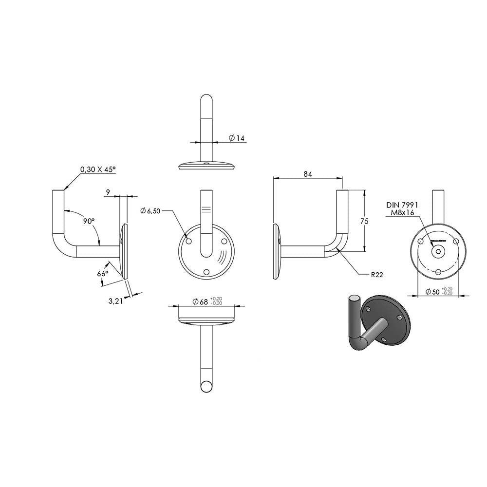 Handlaufhalter zur Wandbefestigung mit verschraubter Ronde gewölbt 70 x 5mm, zum Anschweißen