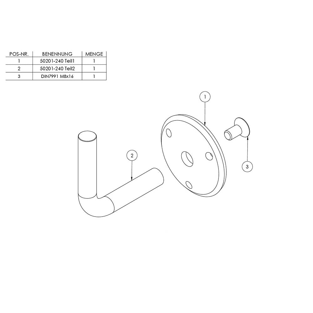 Handlaufhalter zur Wandbefestigung mit verschraubter Ronde gewölbt 70 x 5mm, zum Anschweißen
