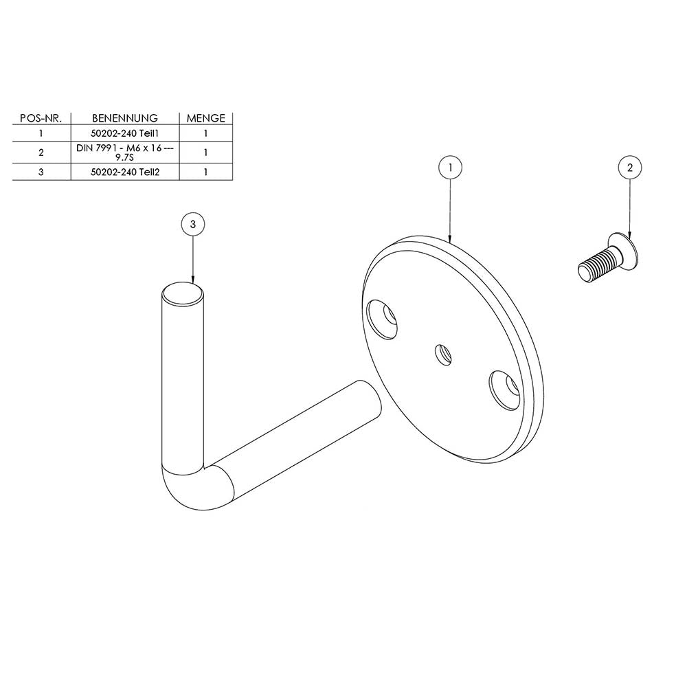 Handlaufhalter zur Wandbefestigung mit verschraubter Ronde 70 x 6mm, zum Anschweißen