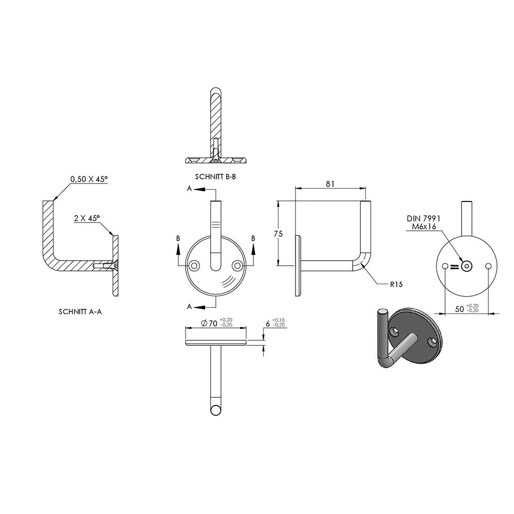 Handlaufhalter zur Wandbefestigung mit verschraubter Ronde 70 x 6mm, zum Anschweißen in V4A
