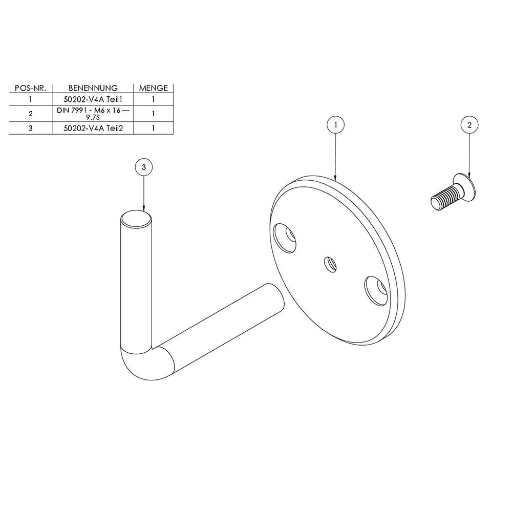 Handlaufhalter zur Wandbefestigung mit verschraubter Ronde 70 x 6mm, zum Anschweißen in V4A