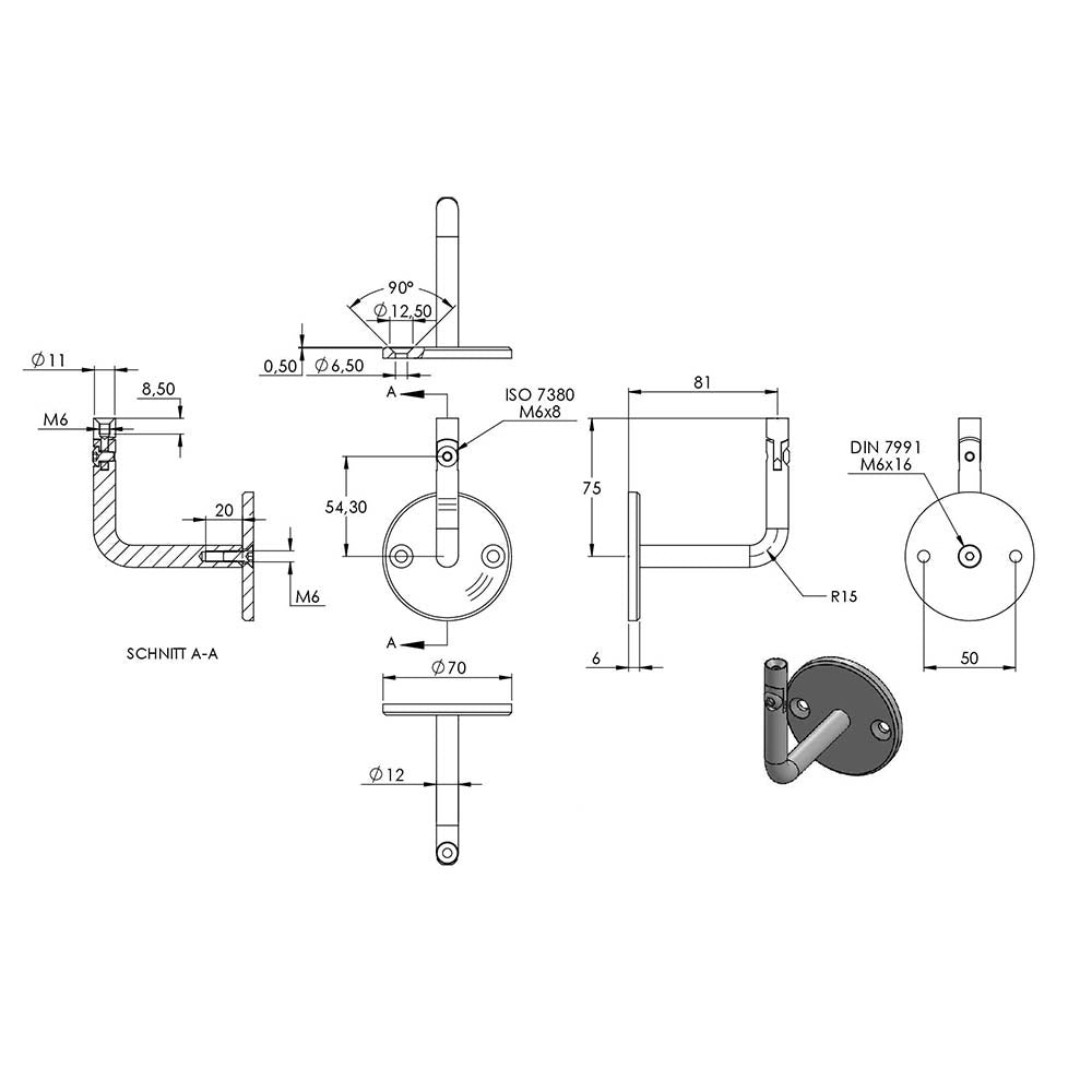 Handlaufhalter flexibel zur Wandbefestigung, mit verschraubter Ronde 70 x 6mm, mit Innengewinde M6 und ø 12mm Bügel