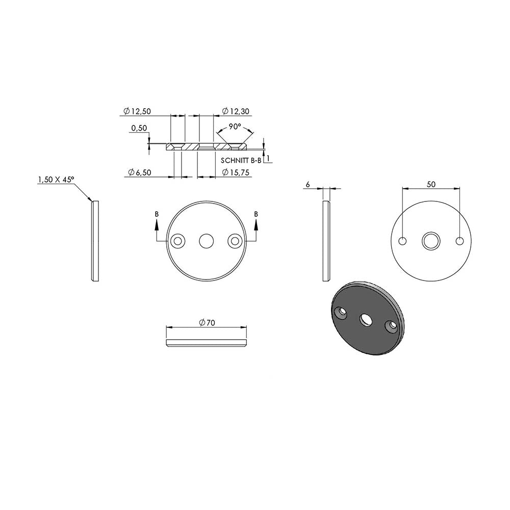 Handlaufhalter flexibel zur Wandbefestigung, mit verschraubter Ronde 70 x 6mm, mit Innengewinde M6 und ø 14mm Bügel