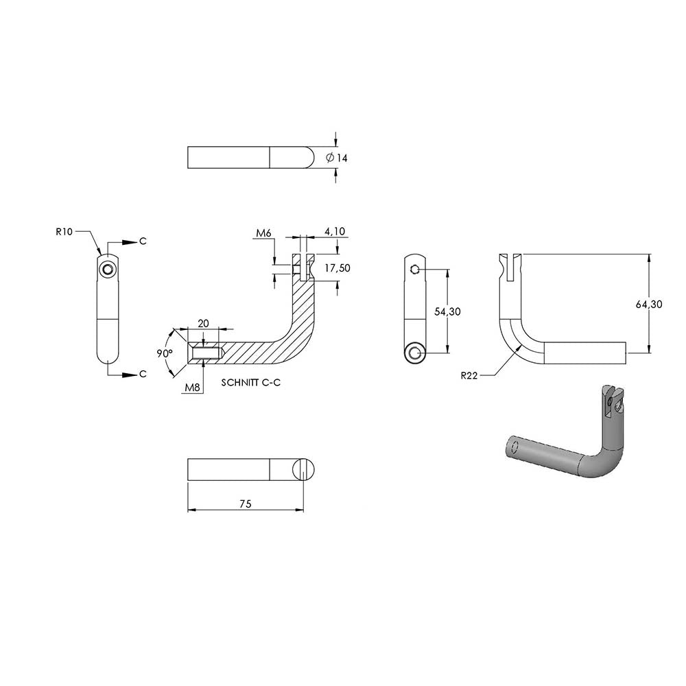 Handlaufhalter flexibel zur Wandbefestigung, mit verschraubter Ronde 70 x 6mm, mit Innengewinde M6 und ø 14mm Bügel